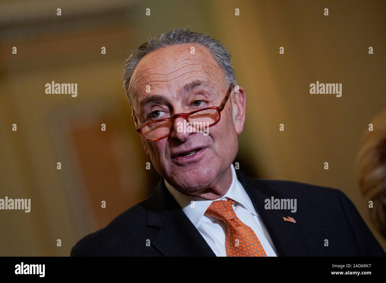 Washington DC, USA. 06Th Dec, 2019. Le leader de l'opposition au Sénat Charles Schumer, D-NY, parle aux médias après l'hebdomadaire, les déjeuners du Sénat sur la colline du Capitole à Washington, DC, le 3 décembre 2019. Photo par Kevin Dietsch/UPI UPI : Crédit/Alamy Live News Banque D'Images