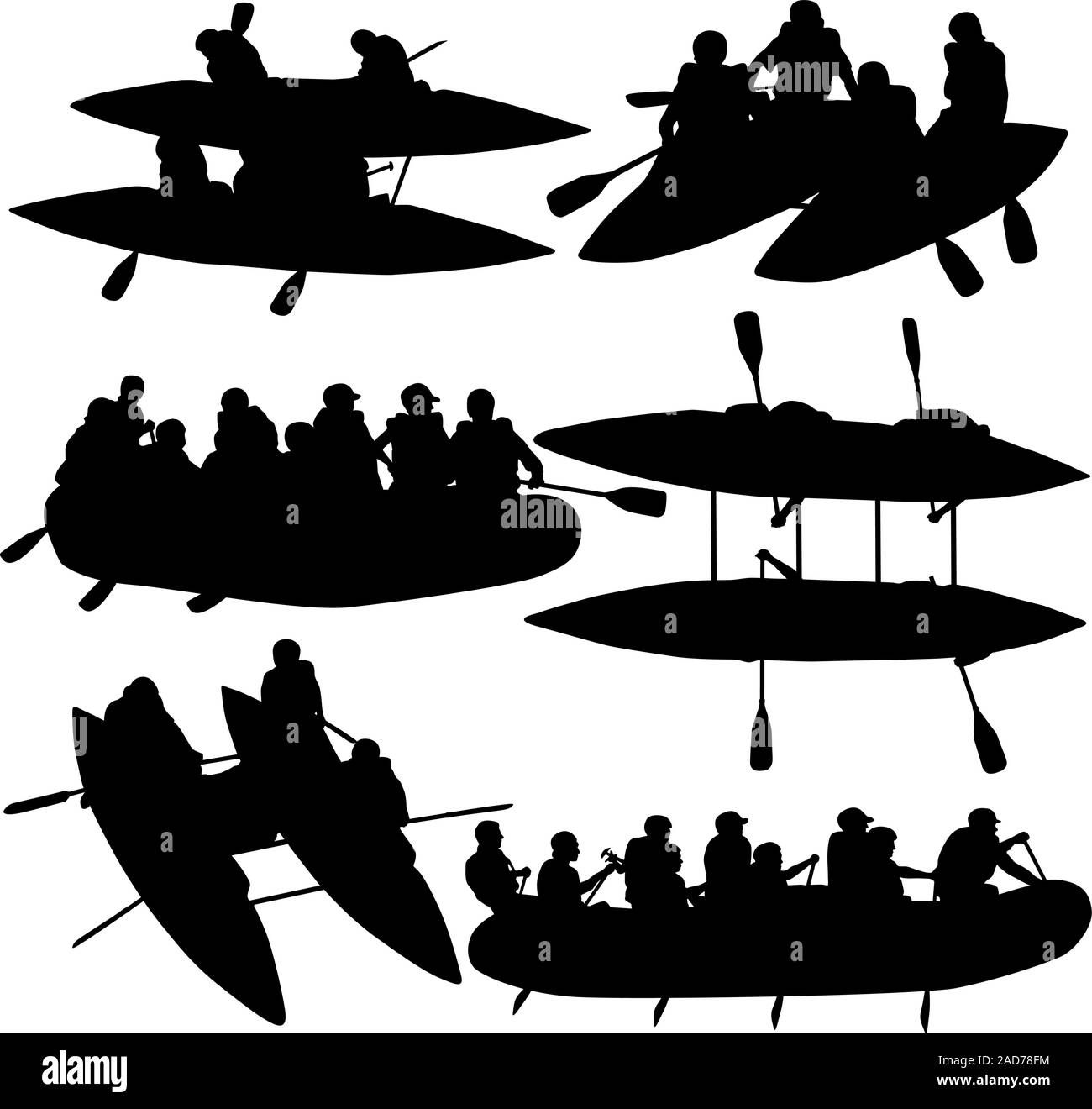 Les gens silhouettes rafteurs sur catamaran, bateaux et kayaks. Vector illustration. Illustration de Vecteur
