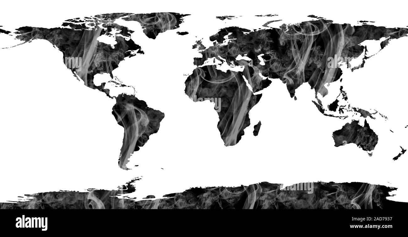 Carte du monde abstrait, limites de l'ensemble des continents rempli de fumée Banque D'Images