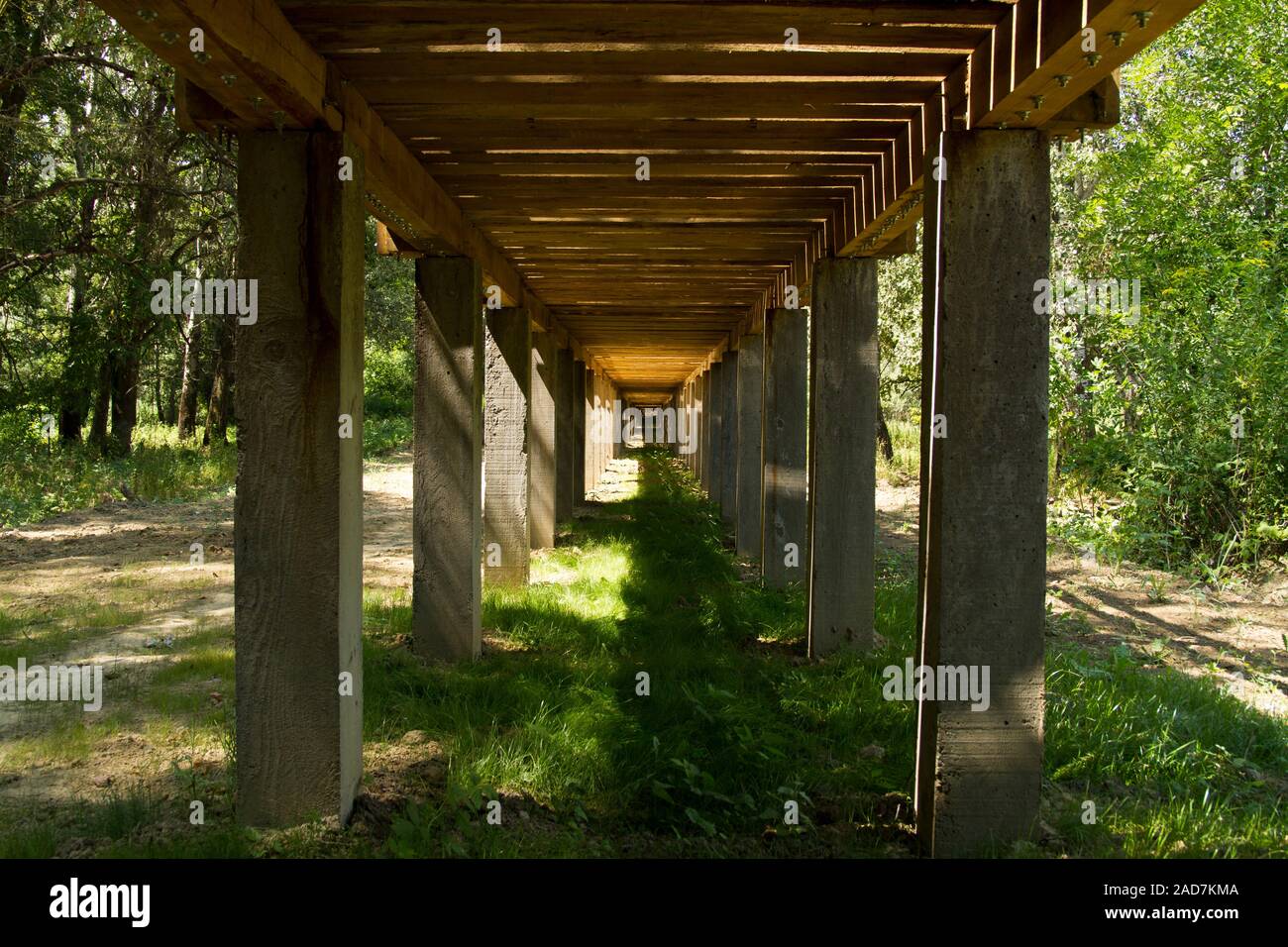 Pont en bois dans le parc. Le dessous sur les poteaux en béton. Banque D'Images