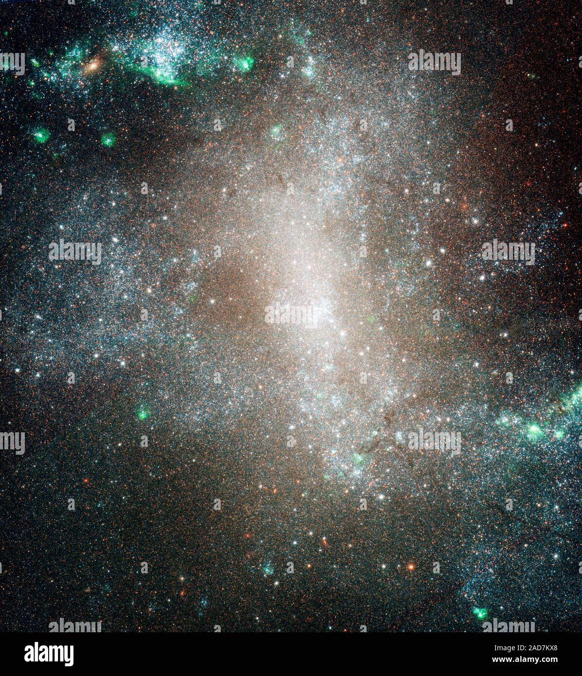 C'est un télescope spatial Hubble de la NASA image de la région centrale de la galaxie spirale NGC 1313. Hubble a été utilisé pour résoudre les étoiles dans la galaxie pour faire un recensement des différentes classes d'étoiles répartis dans toute la galaxie. Les observations montrent que sex blue stars (classe B) sont largement dispersés à travers la galaxie. C'est une preuve d 'infantile' dans laquelle le jeune, qu'on appelle des clusters ouverts où naissent les étoiles, est rapidement devenue "unglued" gravitationnellement et dispersés leurs stars résident dans la galaxie. NGC 1313 est de 50 000 années-lumière de diamètre et est situé à 14 millions d'années-lumière dans Banque D'Images
