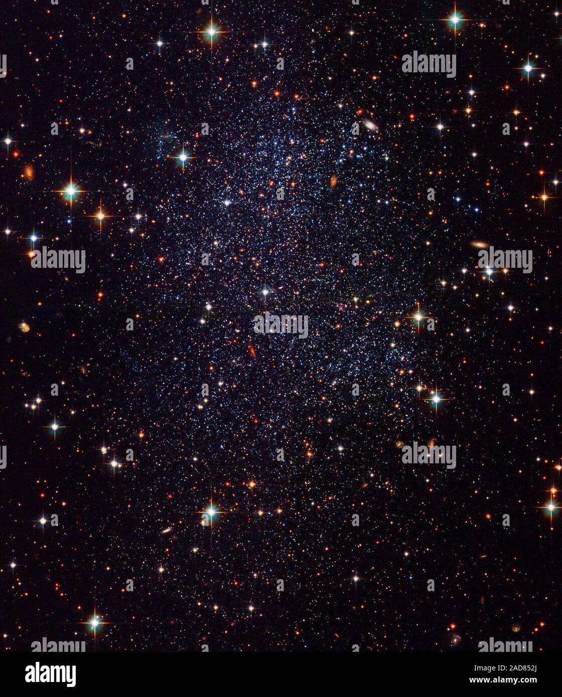 Cette nouvelle image du télescope spatial Hubble montre une petite galaxie appelée la galaxie irrégulière naine du Sagittaire, ou 'agDIG' pour faire court. SagDIG est relativement à proximité, et la vision de Hubble sharp est en mesure de révéler plusieurs milliers d'étoiles dans la galaxie. Les étoiles les plus brillantes dans l'image (distingue facilement par les pointes rayonnant à partir de leurs images, produit par des effets d'optique dans le télescope), sont des étoiles de premier plan à l'intérieur de notre propre Voie lactée. Leurs distances par rapport à la masse sont généralement de quelques milliers d'années-lumière. En revanche, les nombreux faint, bleuâtre stars belong Banque D'Images