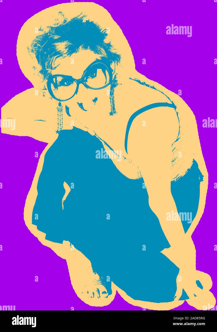 Avec l'affiche de la fille en plus de lunettes de grand fond violet en style pop art Banque D'Images