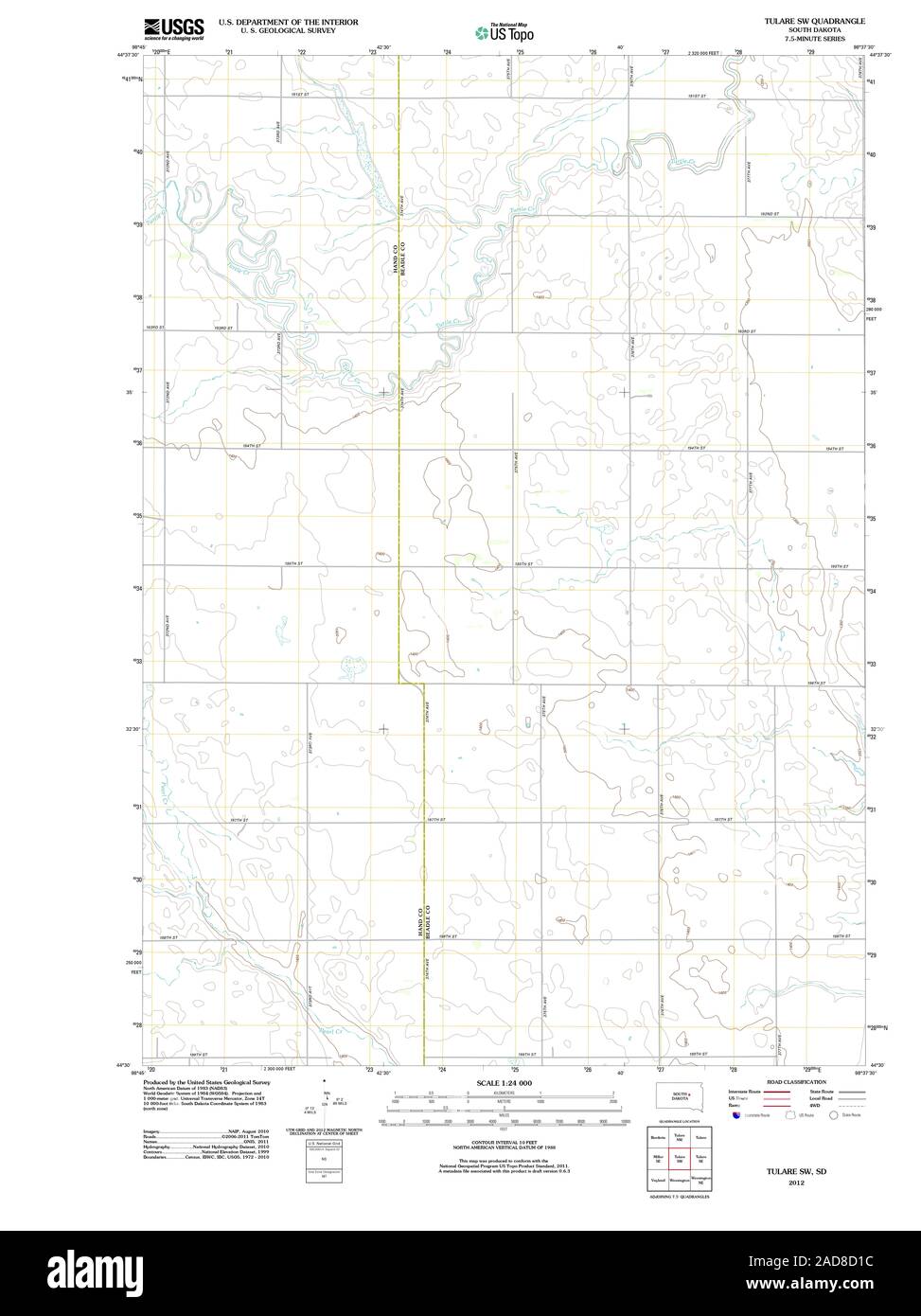 Carte de l'USGS TOPO Dakota du Sud de Tulare SD SW 20120608 Restauration TM Banque D'Images