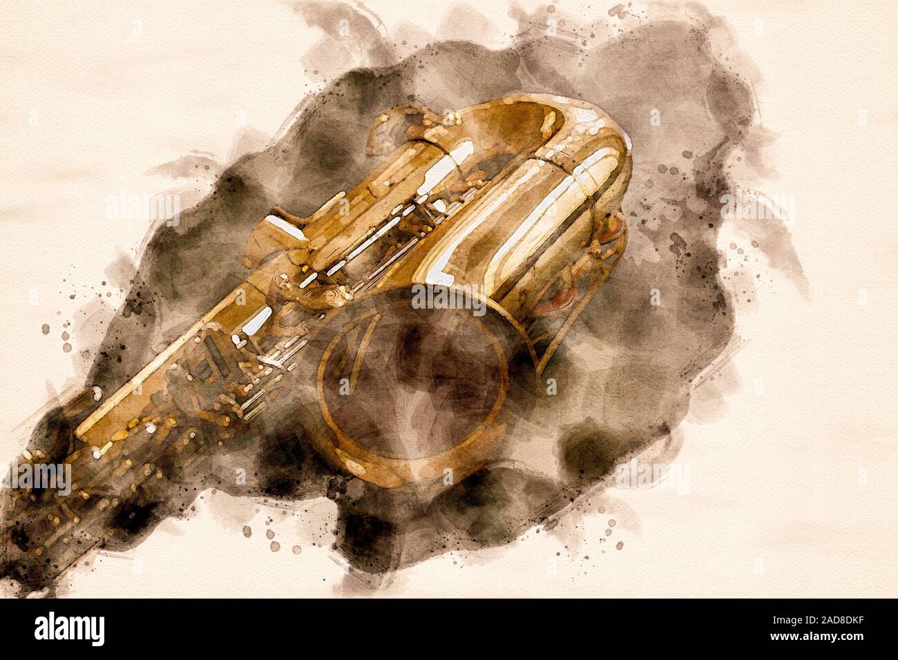 L'aquarelle d'un saxophone vintage d'or couché sur une table. Image générée par ordinateur. Banque D'Images