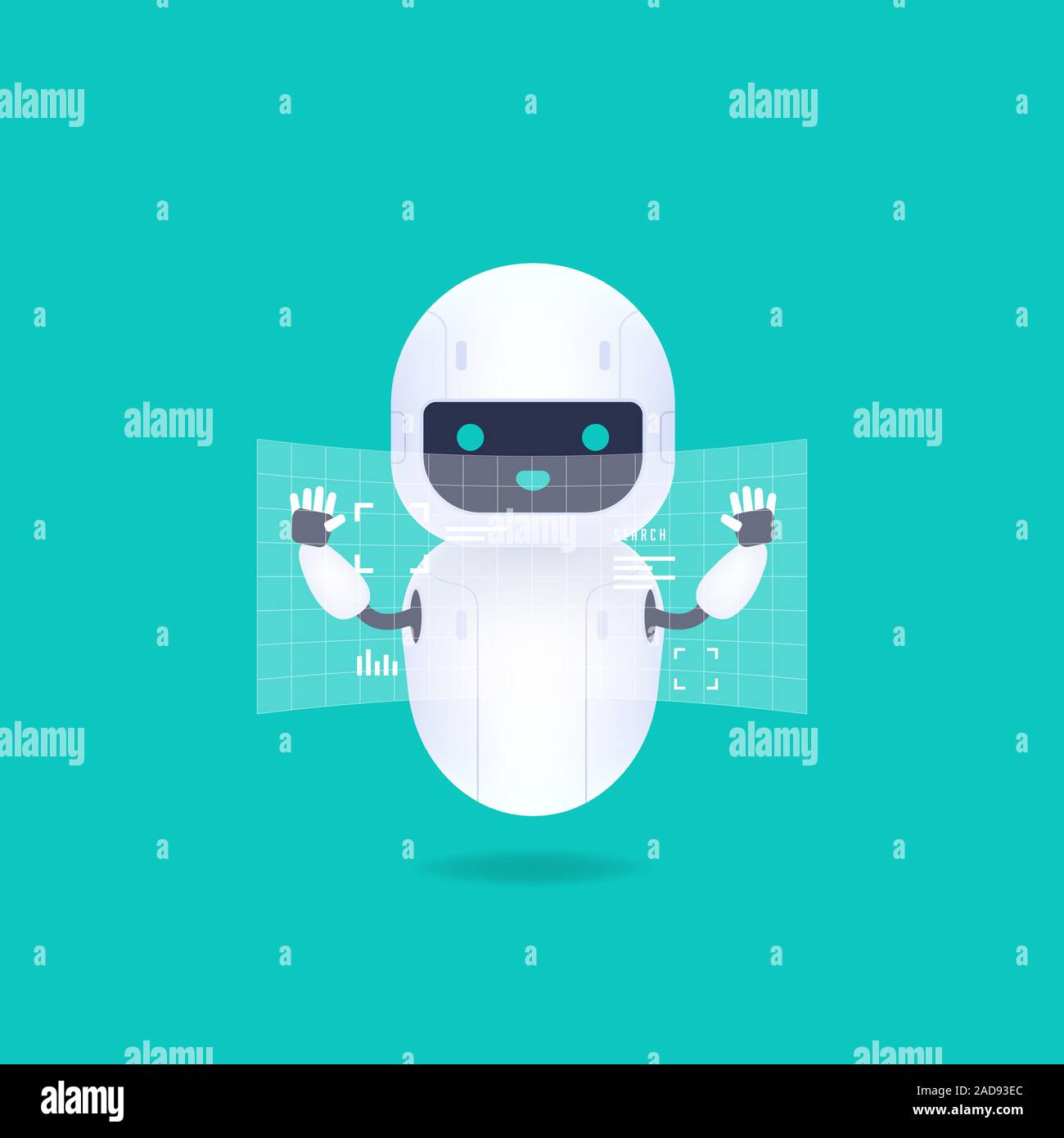 Robot android friendly blanc avec HUD écran d'interface. Et sourire mignon AI robot. Illustration de Vecteur