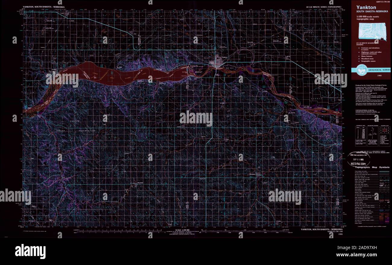 Le Dakota du Sud carte TOPO USGS Yankton SD 344730 1985 100000 Restauration inversé Banque D'Images
