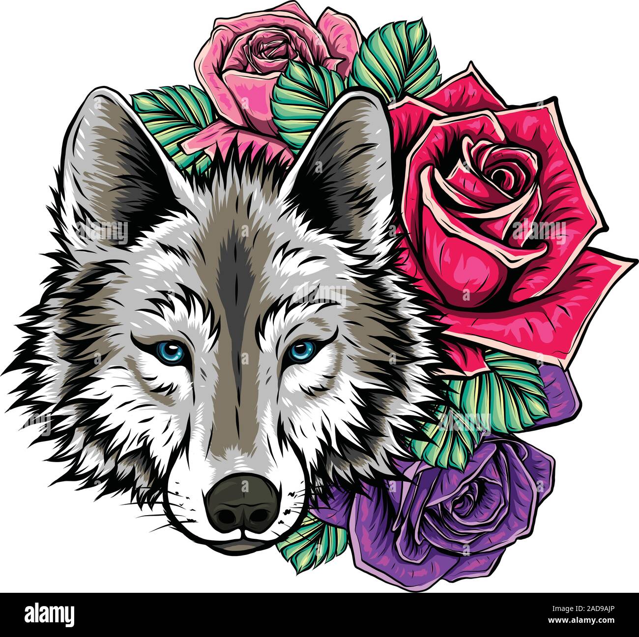 Les broderies du loup et roses. Patch d'aiguille de signer animal romantique sur fond blanc. Illustration de Vecteur