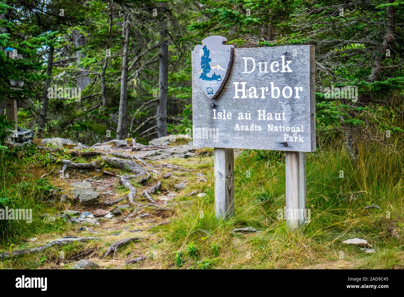 Entrée d'une route qui mène à l'Acadia National Park, Maine Banque D'Images