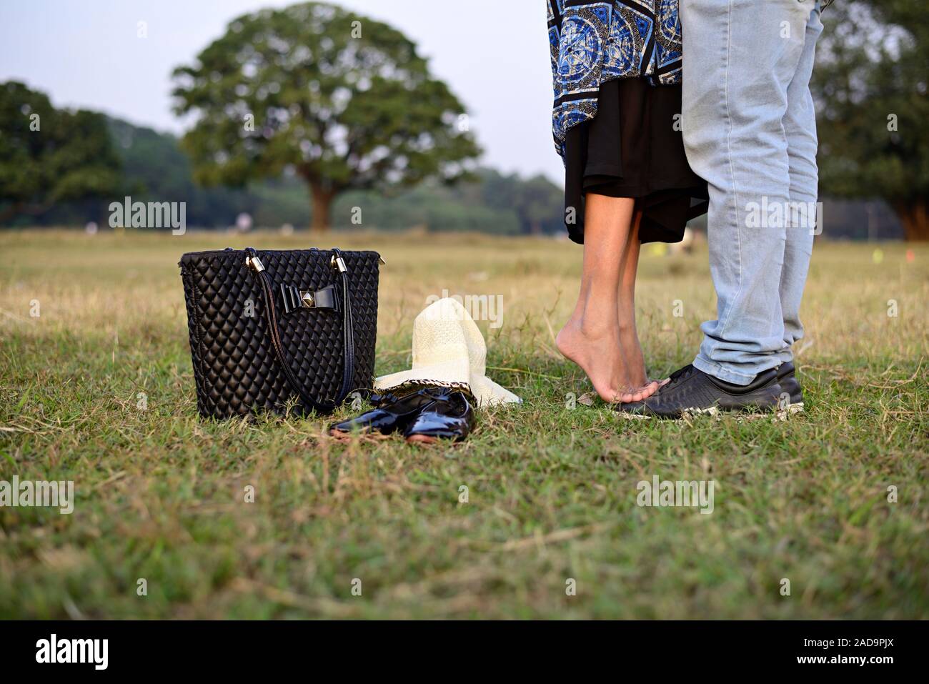 Couple heureux faites une promenade romantique dans le champ d'herbe verte Banque D'Images