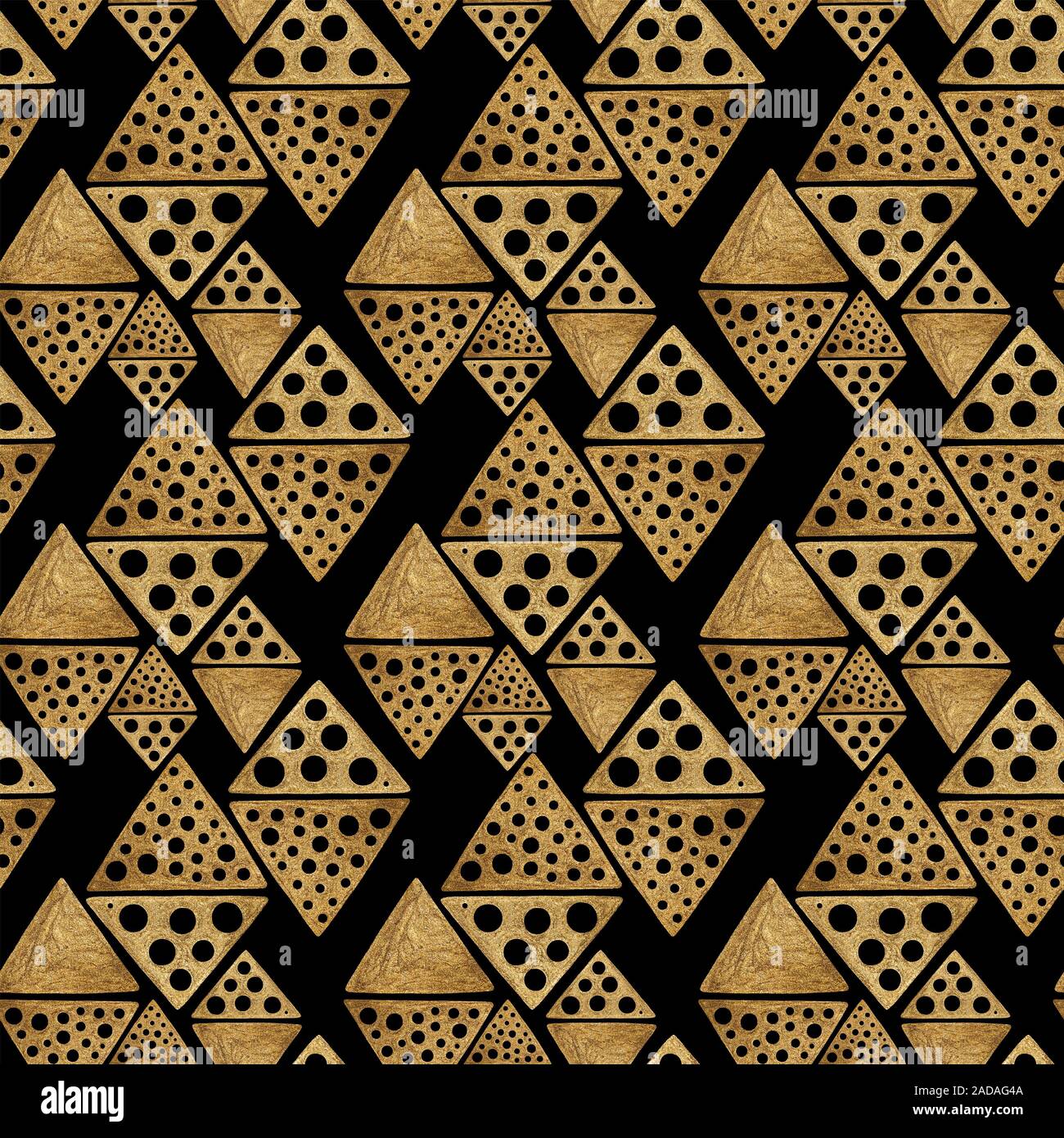Or ethnique motif transparent peint à la main. Abstract rhombus et triangles fond doré. Texture géométrique tribal aztèque. Banque D'Images
