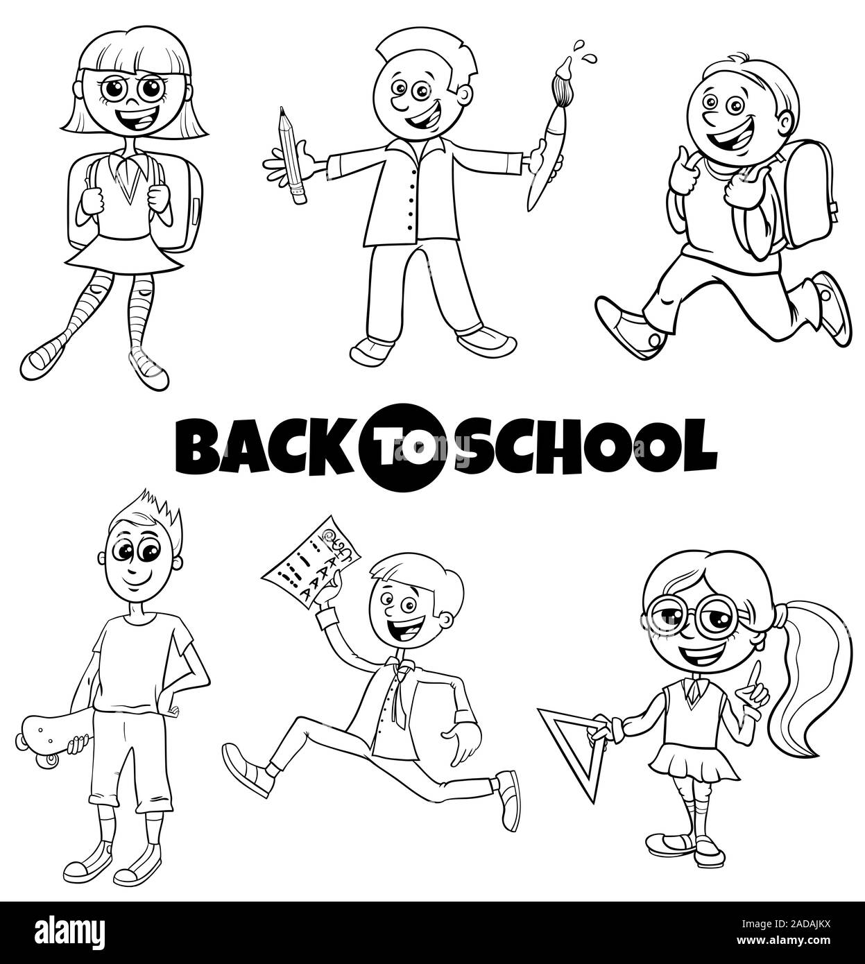 Le retour des enfants à l'école élèves cartoon color book Banque D'Images