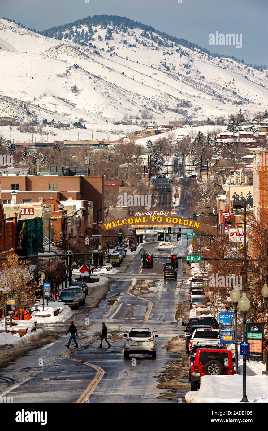 Le centre-ville de Golden, Colorado, USA en hiver. Banque D'Images