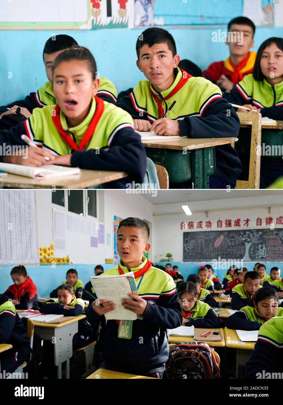 (191204) -- URUMQI, le 4 décembre 2019 (Xinhua) -- Combo photo prise le 20 novembre 2019 montre le fils aîné d'Imin (C, photo du haut) et plus jeune fils (avant, la photo du bas) assister aux cours au n°1 de l'école intermédiaire Comté Yutian, nord-ouest de la Chine, la Région autonome du Xinjiang Uygur. Avant de passer à la nouvelle colonie le 17 novembre et le 18 novembre de cette année, la maison d'Imin berger était au coeur de l'Désert Taklimakan, le deuxième plus grand désert de sable dans le monde. Pour des centaines d'années, les ancêtres d'Imin ont installés le long de la rivière Keriya, qui coule du sud au nord dans le coeur de san sans fin Banque D'Images