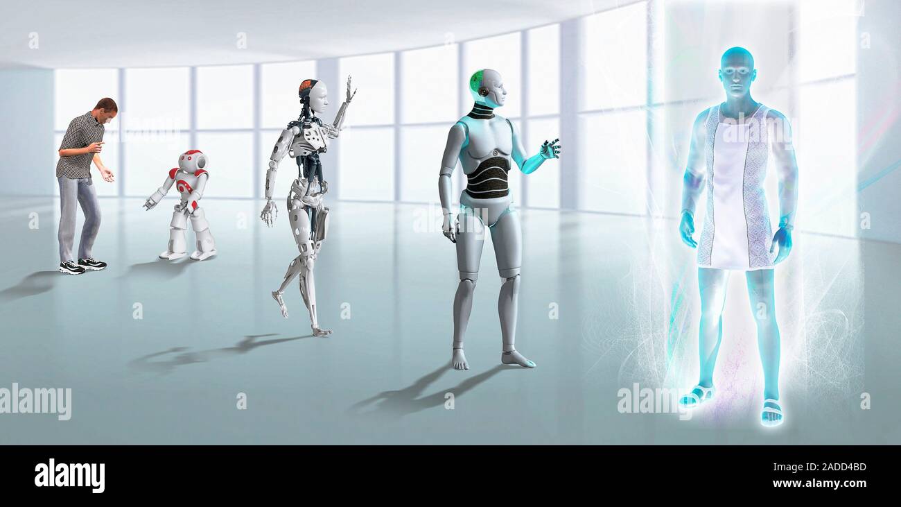 L'évolution de l'homme-robot. Illustration d'une séquence montrant  l'évolution des humains et des robots. En haut à gauche un robot et un  visage humain à l'autre. La f Photo Stock - Alamy