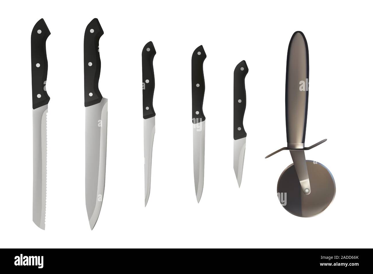 Ensemble de couteau à manche noir. Pizza Cutter. Type différent. Vector illustration. La préparation des aliments. Illustration de Vecteur