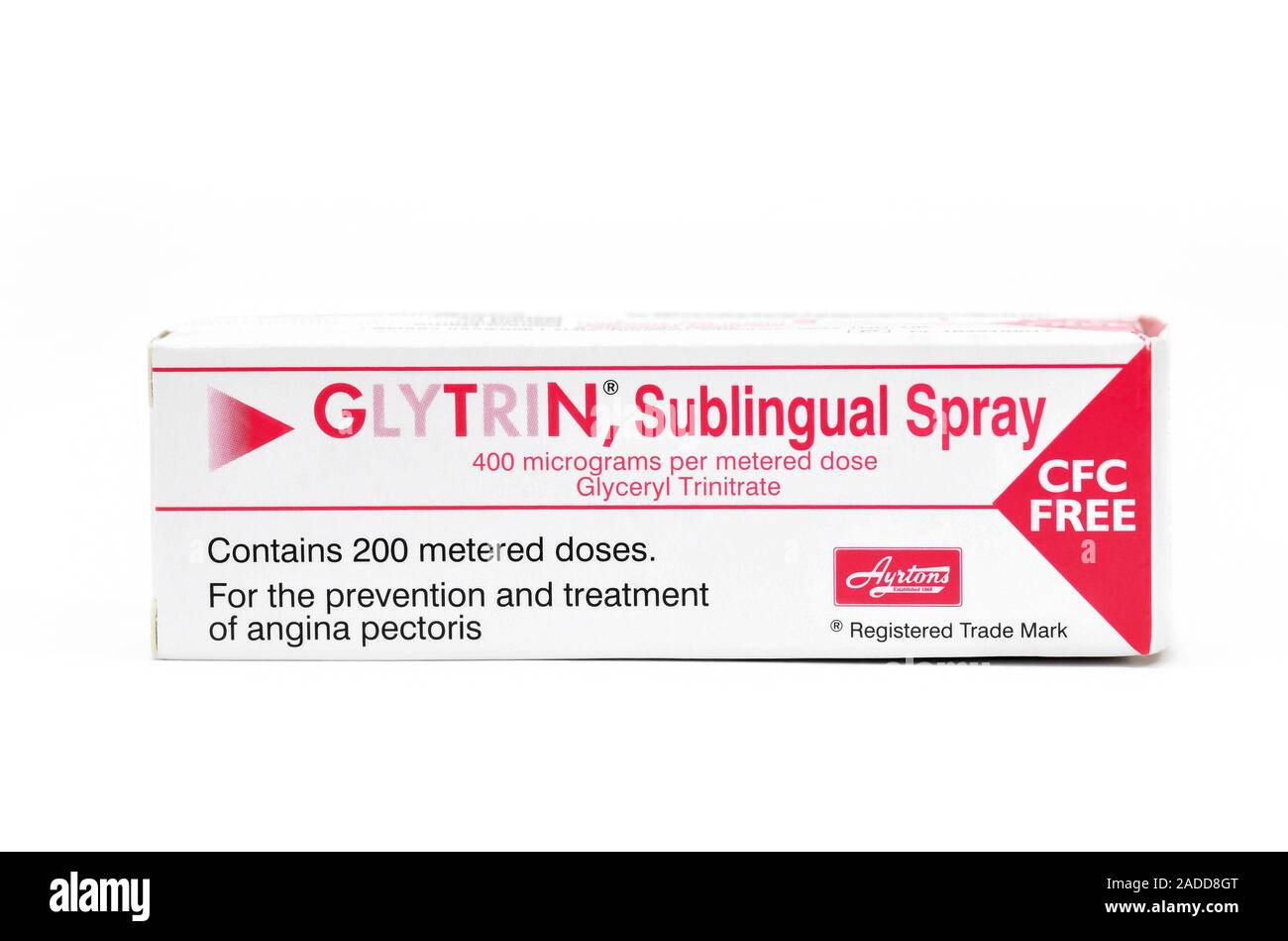 Glytrin spray cardiaque. L'emballage d'un spray peut former du trinitrate  de glycéryle (GTN, la nitroglycérine). Le TNG est un élargissement des  vaisseaux sanguins (vasodilatation) med u Photo Stock - Alamy