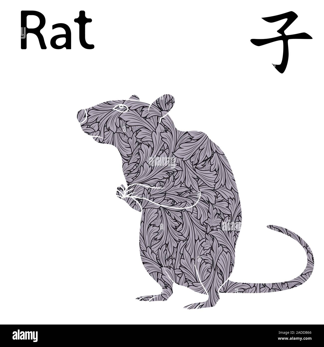 Signe du Zodiaque Rat, symbole de la nouvelle année sur le calendrier oriental, hand drawn vector avec pochoir feuilles monochrome isolé sur fond blanc Illustration de Vecteur