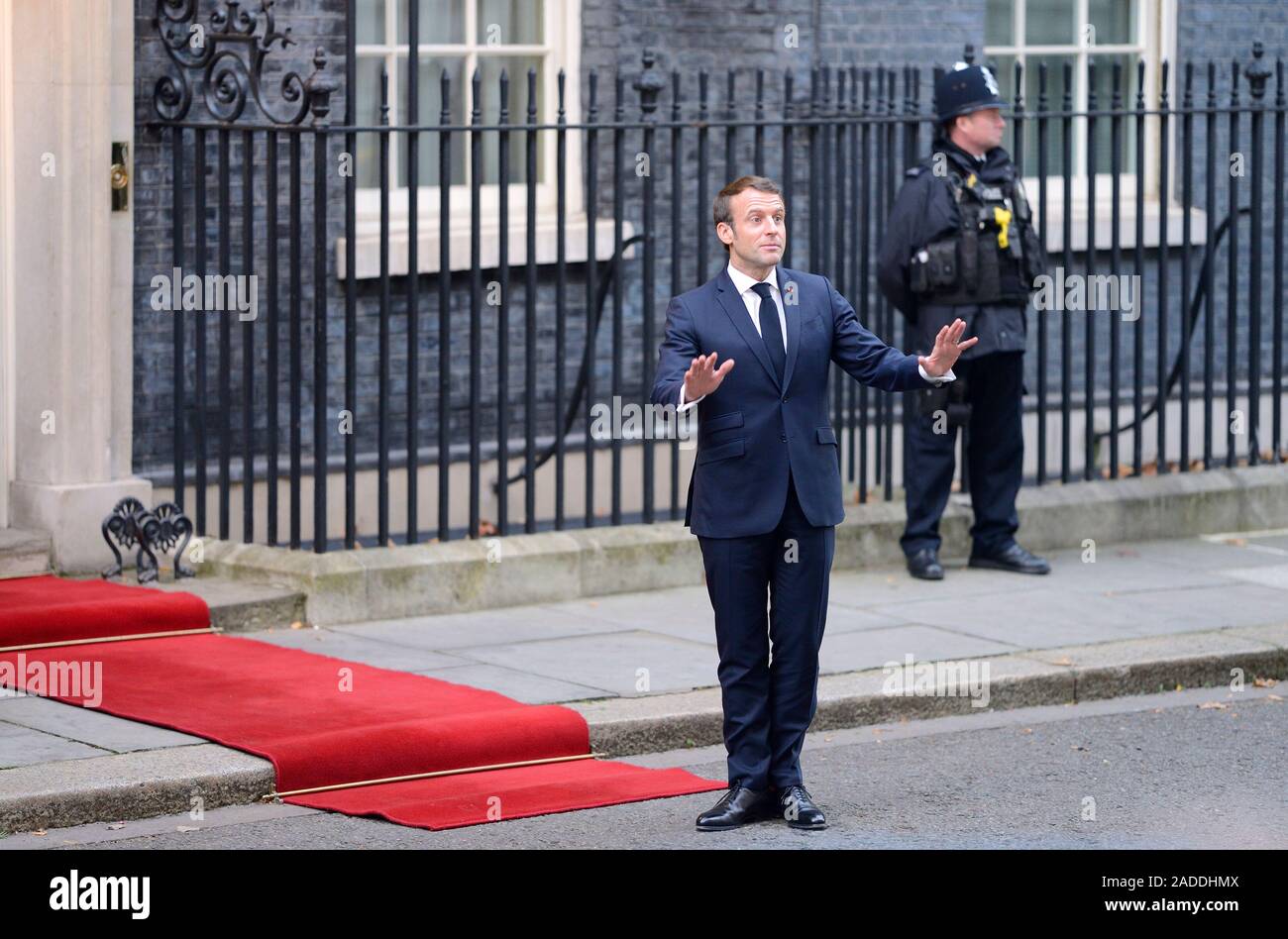 Le président français, Emmanuel Macron arrivant à Downing Street pour une réunion des dirigeants de l'OTAN, 3e Mai 2019 Banque D'Images