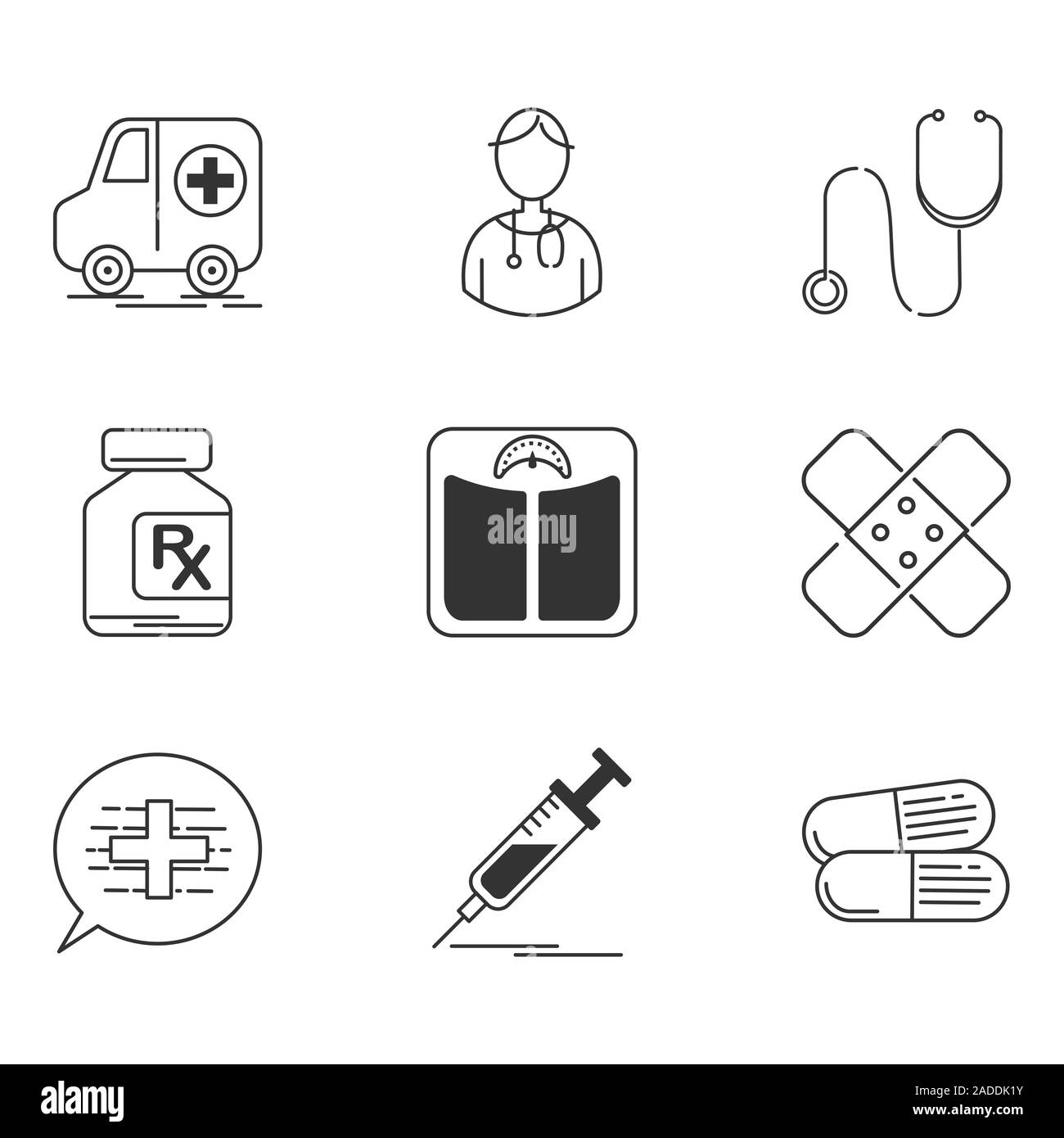 Medical icons set, style linéaire simple contenir que la santé, l'ambulance, croix, comprimé, seringue - vecteur symbole iconique. Banque D'Images