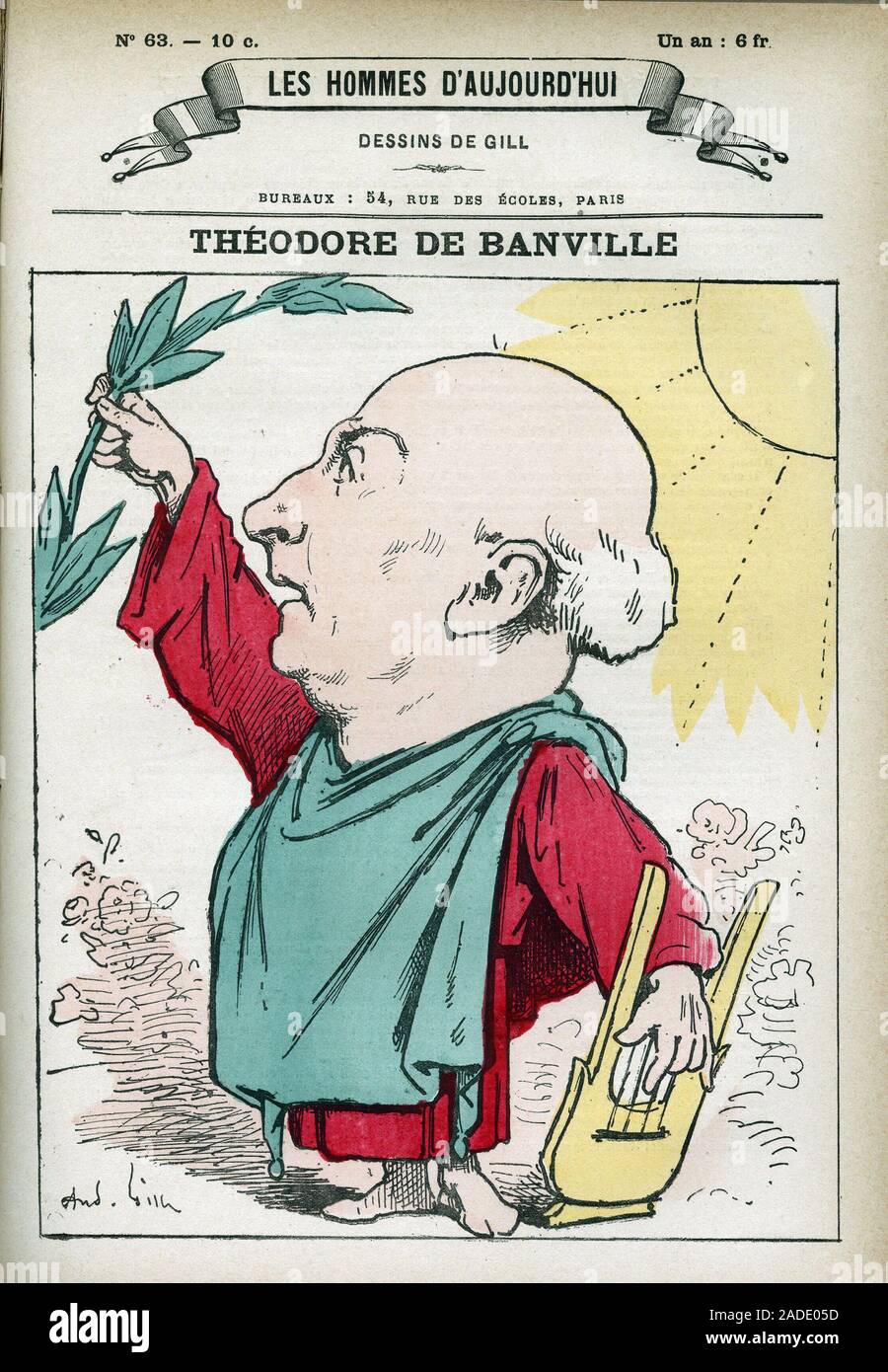 Portrait de Théodore de Banville (1823-1891), poete francais, et un des chefs de file de l'école parnassienne. Caricature de Gill, Paris. Banque D'Images