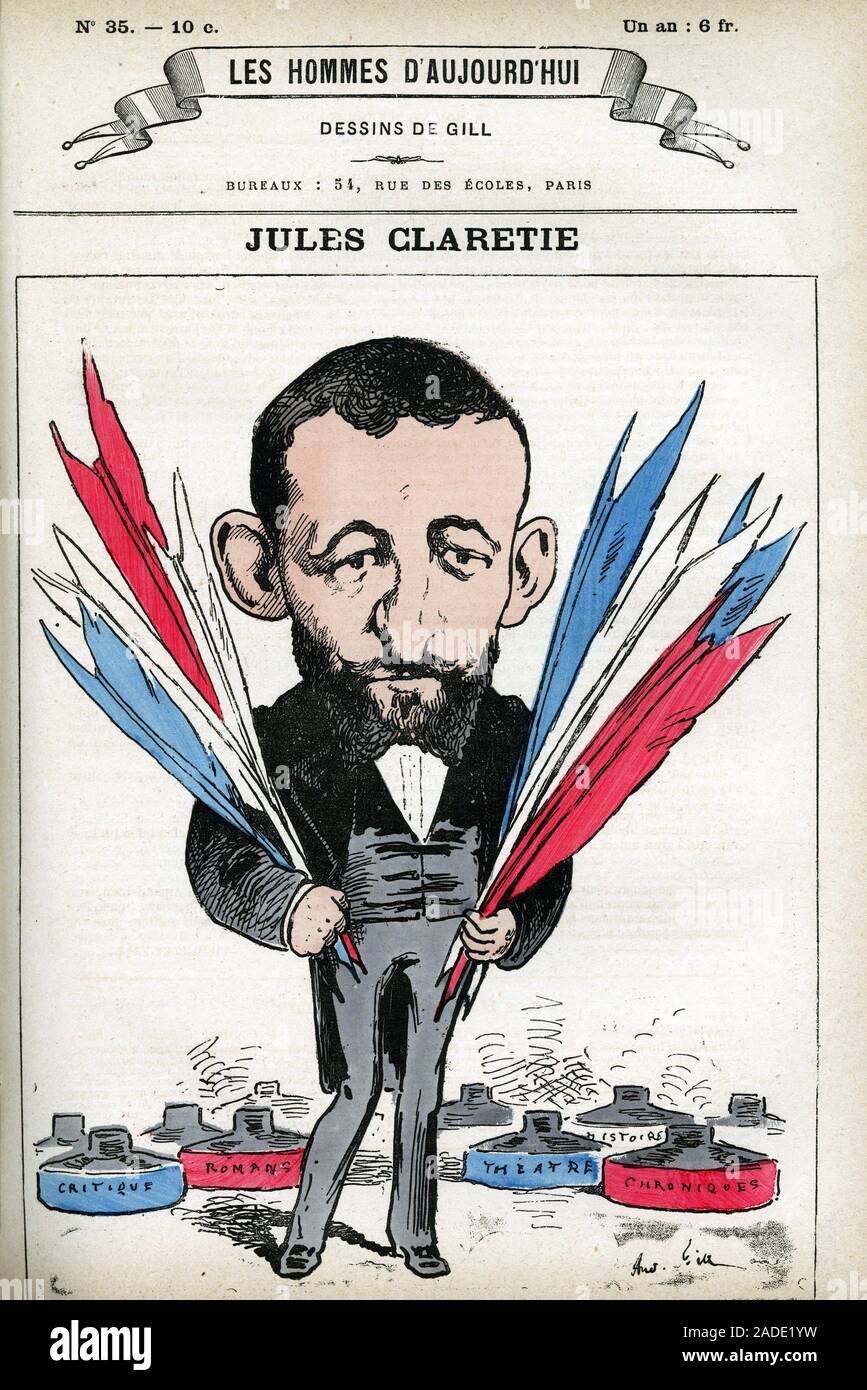 Portrait de Jules Claretie (1840-1913), romancier, auteur dramatique et critique français. Caricature de Gill, dans 'Les Homme d'aujourd'hui", Paris, 18 Banque D'Images