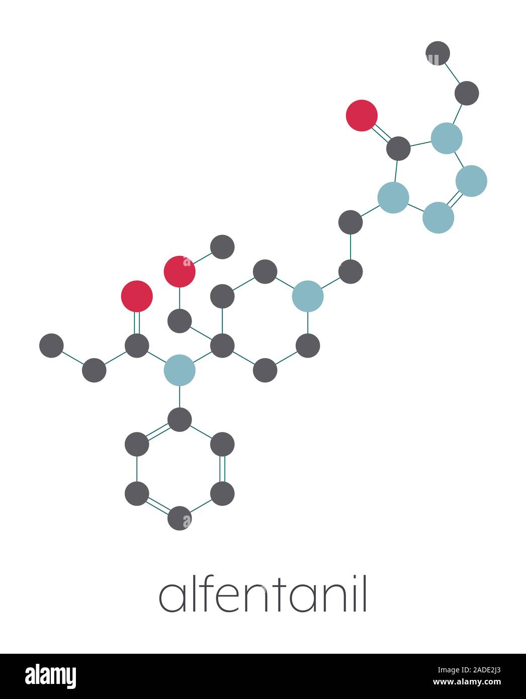 L'alfentanil opiacé molécule pharmaceutique. Formule topologique stylisé (structure chimique) : les atomes sont représentés par des cercles de couleur connecté par de fines bo Banque D'Images