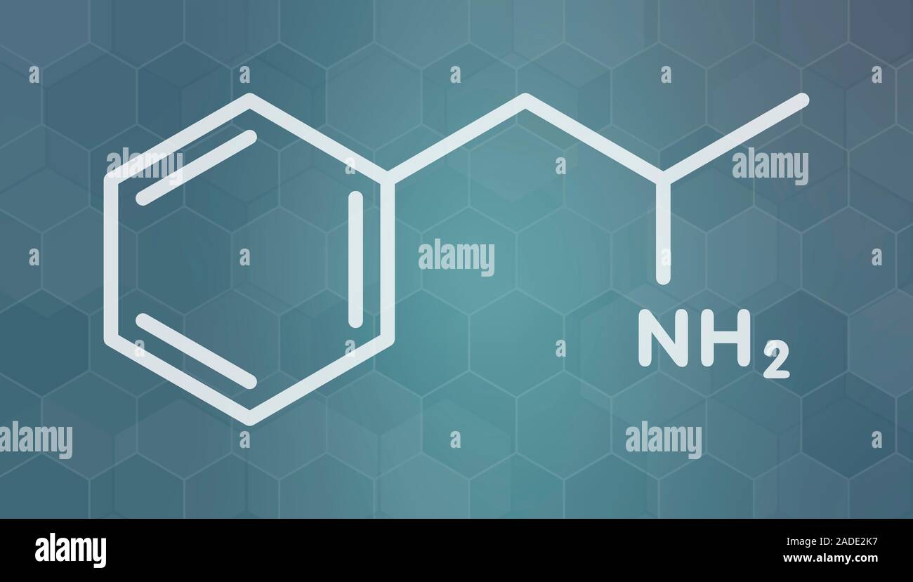 L'amphétamine (speed) drogue stimulante, la molécule. White formule topologique sur dark teal background avec modèle hexagonal. Banque D'Images