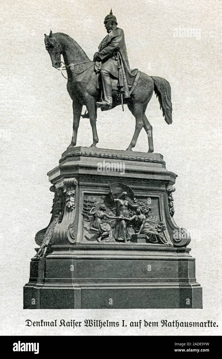 Europa, Deutschland, Hambourg, Denkmal Kaiser Wilhelms I. , geschaffen von Johannes Schilling, bis 1930 auf dem Rathausmarkt, danach dans der Parkanlage von Jardins Planten un Blomen, Motiv : aus der Freien und Landeskunde ' Hansestdt Hamburg und votre Gebietes ' , le professeur Gustav von Dilling, Verlag : Ferdinand Hirt, Königliche Universitäts- und Verlagsbuchhandlung, Breslau, 1907 . / L'Europe, l'Allemagne, Hambourg, horseman monument de l'empereur allemand Guillaume I , sculptered par Johannes Schilling, jusqu'en 1930 l'emplacement était sur la place de l'hôtel de ville, plus loin dans le parc complexe appelé parc Planten un Blomen, imag Banque D'Images