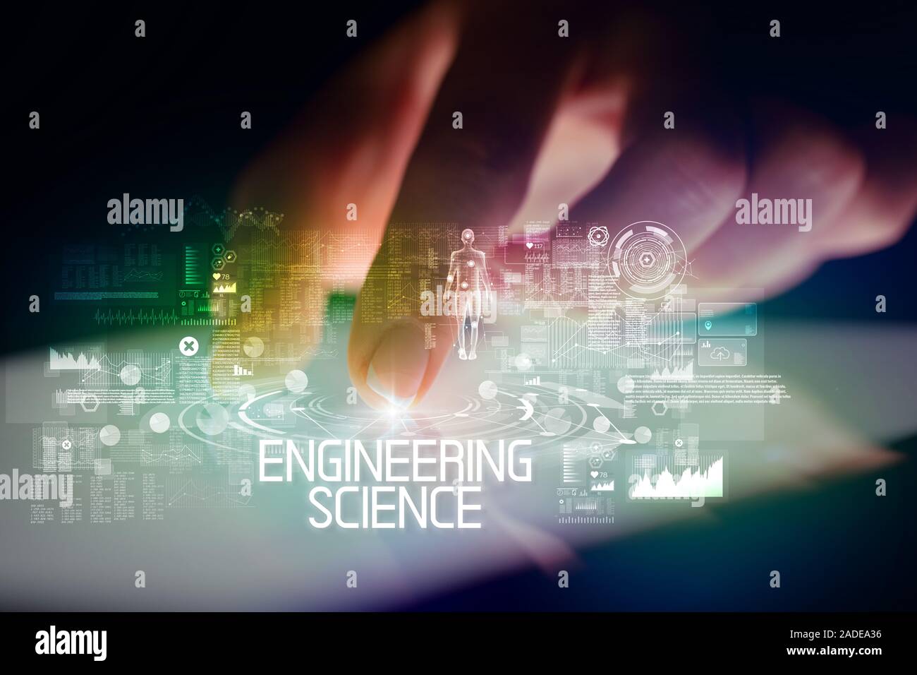 Finger touching tablet à la technologie web icones et sciences techniques inscription Banque D'Images