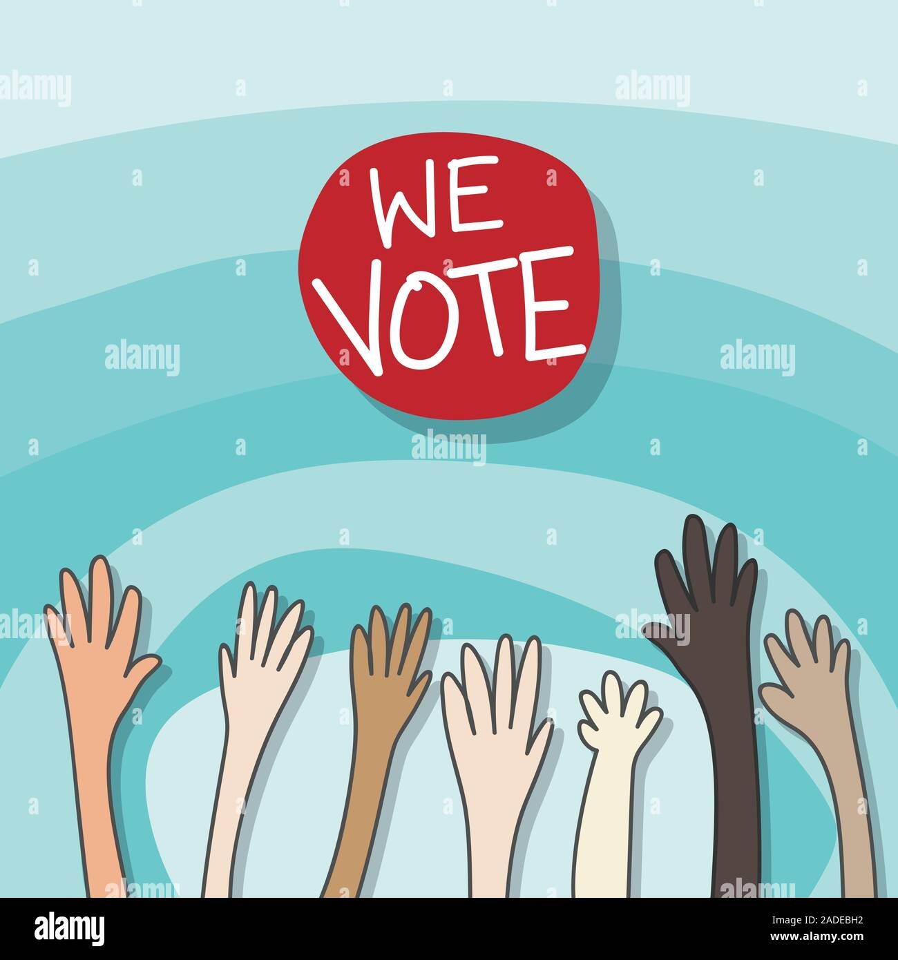 Concept de vote. dessin caricature d'élever les mains pour la participation, vote isolé sur fond bleu dégradé avec copie espace et texte nous vote. vector Illustration de Vecteur
