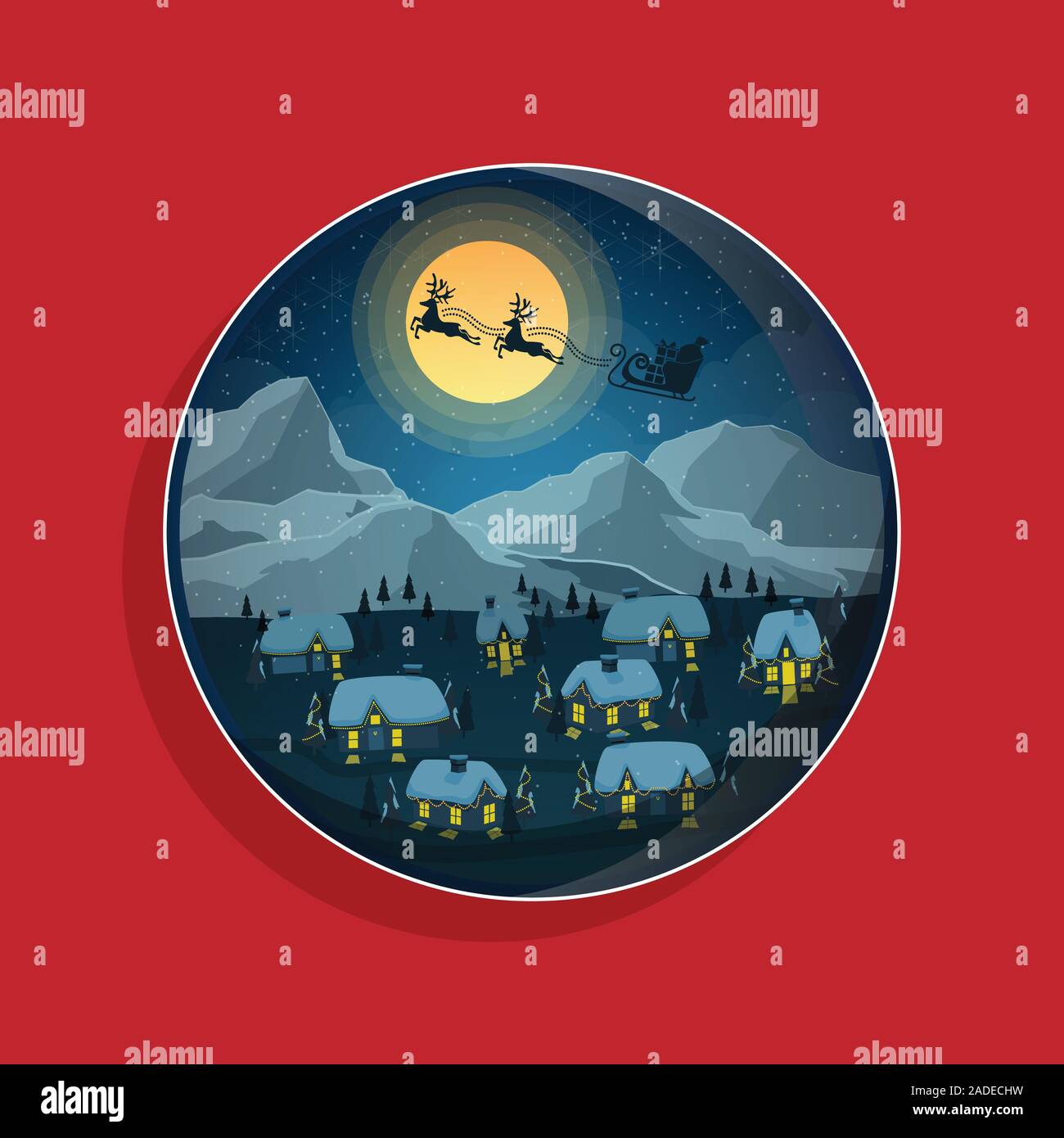 Bannière de bienvenue de Noël en cercle. badge avec rennes sleigh with gift box voler plus de paysage d'hiver nuit. vector illustration Illustration de Vecteur