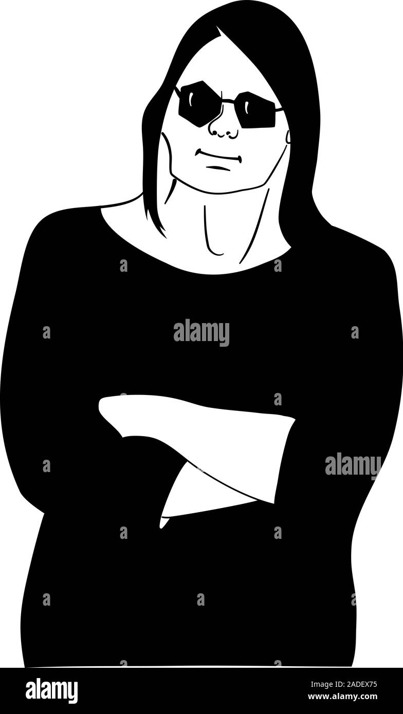 Happy woman in sunglasses - simple stylisé noir et blanc portrait dessiné à la main Illustration de Vecteur