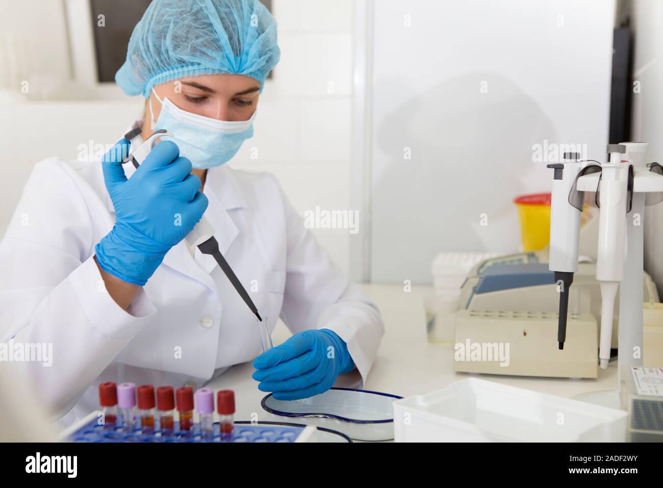 Femme en blouse et des gants médicaux faisant des expériences scientifiques Banque D'Images