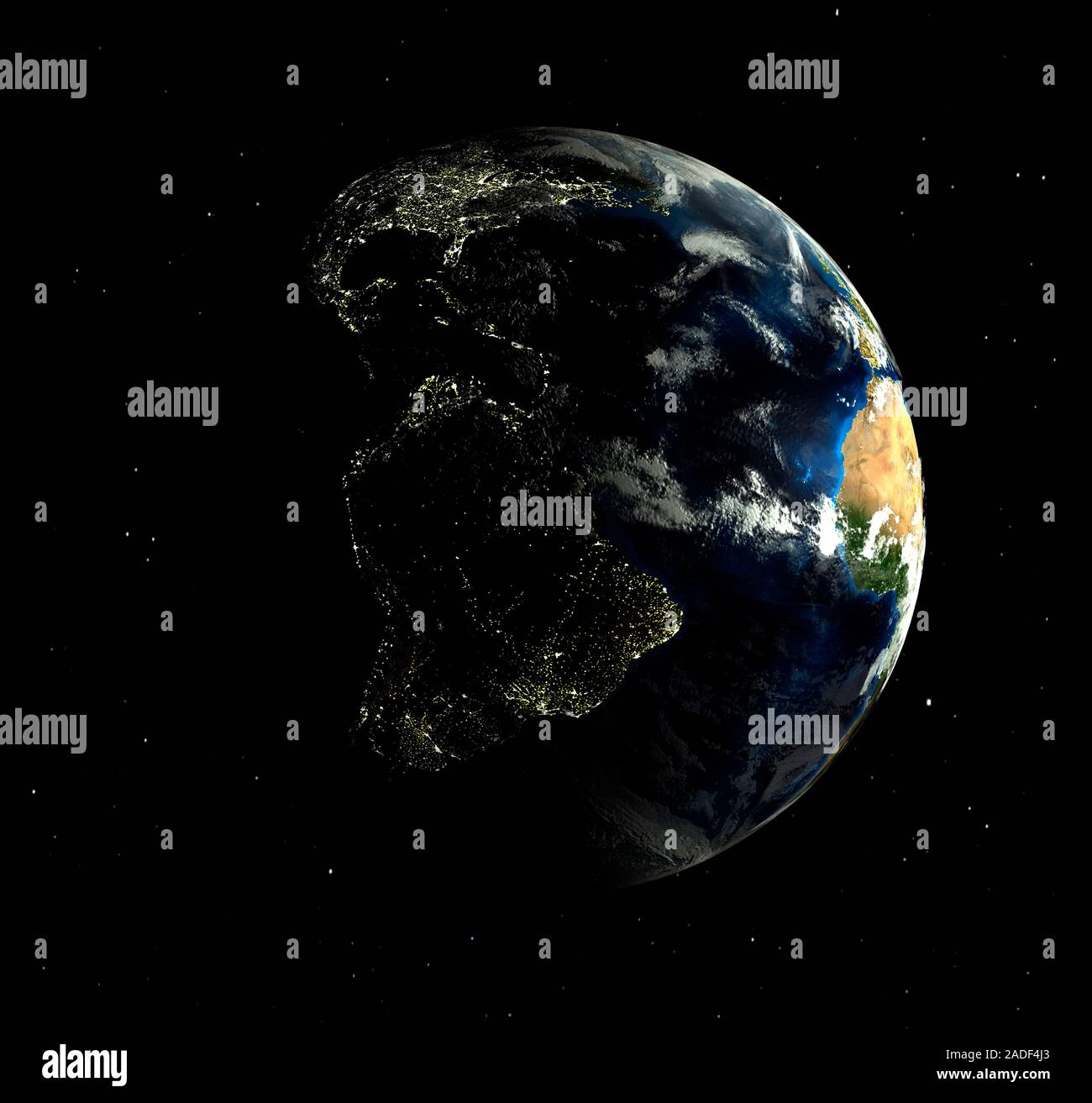 La terre, le jour et la nuit. L'oeuvre de l'ordinateur montrant la terre divisée par jour et nuit. Le Nord est en haut. À droite est une partie de l'Afrique, qui s'est allume par sunlig Banque D'Images