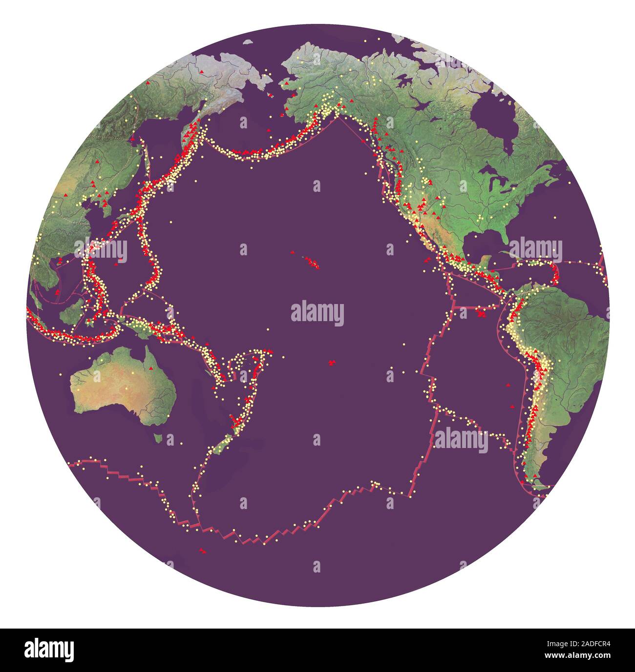 Ceinture de feu du Pacifique. Carte de l'hémisphère occidental du Pacifique  de la Terre, montrant l'emplacement des tremblements de terre (points  jaunes) et les volcans (triangles rouges) arou Photo Stock - Alamy