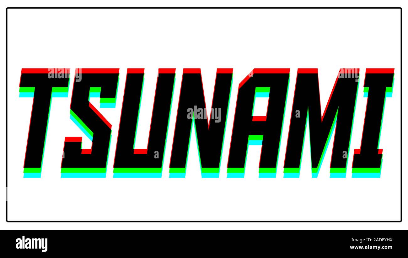 Texte dynamique .Tsunami, split-design couleur et police unique, bleu, vert, rouge. en noir thin frame et sur fond blanc. Banque D'Images