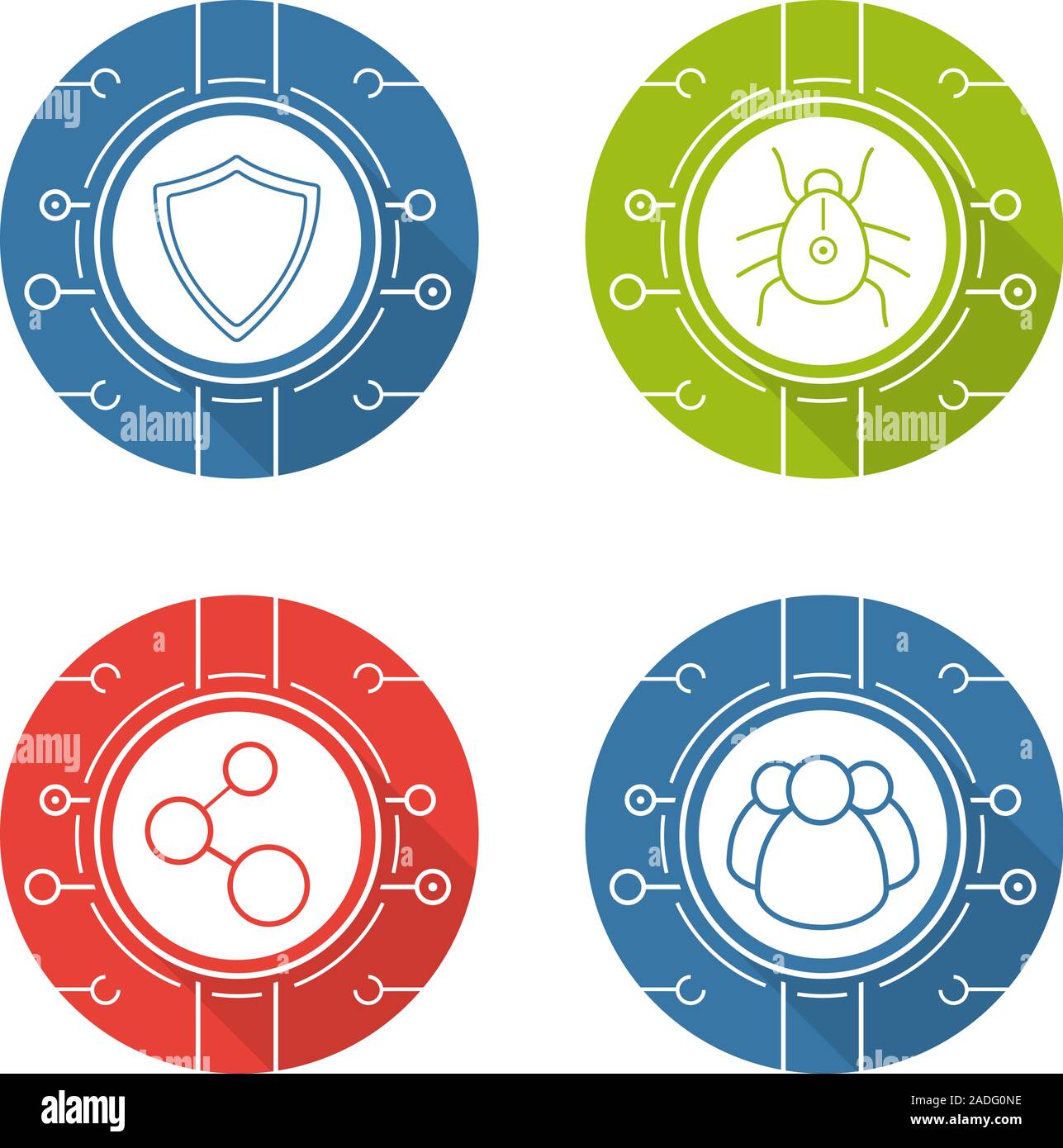 Cyber security design plat long shadow icons set. Les connexions numériques, virus, réseau social et à la sécurité informatique protection. Silhouette Vector illu Illustration de Vecteur