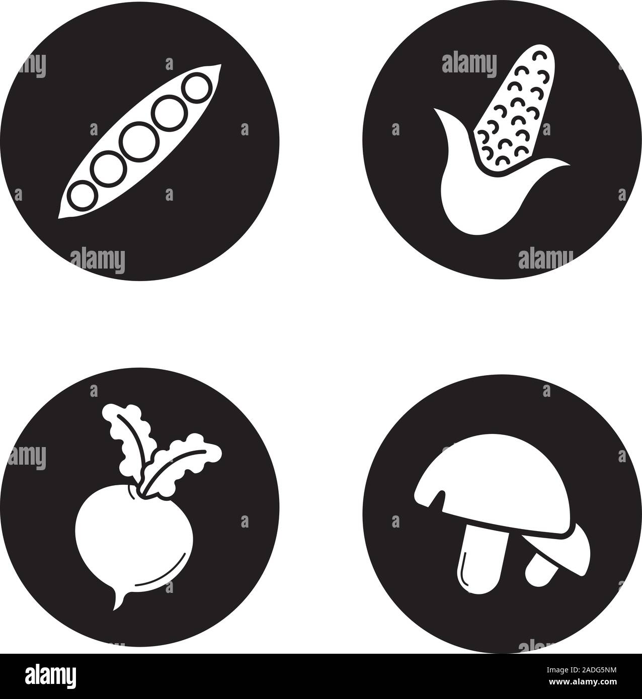 Légumes icons set. Ouvrir pea pod, maïs, betterave, les champignons. Vector silhouettes blanc illustrations de cercles noirs Illustration de Vecteur