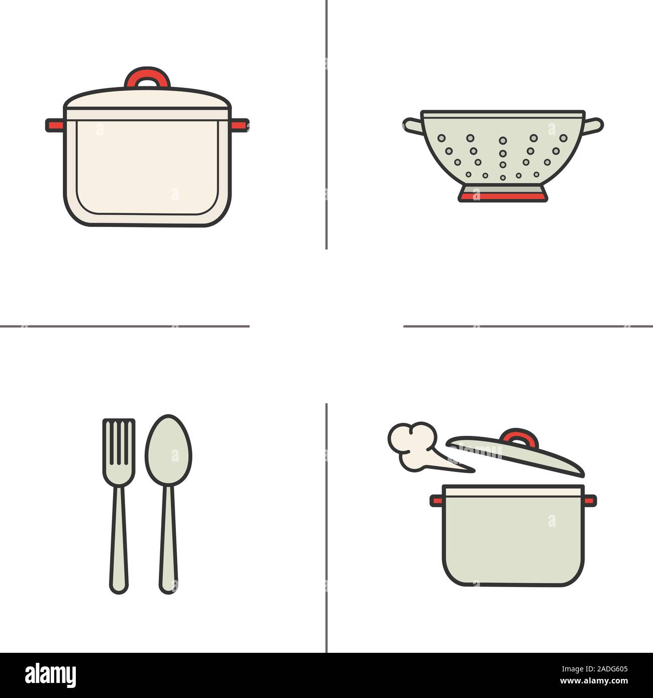 Les articles de cuisine color icons set. Stew pan, fourchette et cuillère, casserole de cuisson, cuisine tamis. Illustrations vectorielles Illustration de Vecteur
