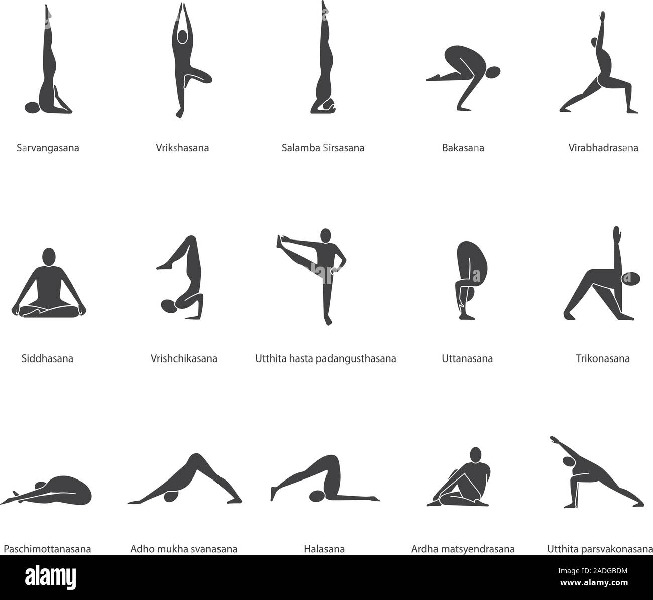 Postures de yoga icons set. Des asanas de yoga d'ossature des symboles. Sarvangasana, halasana, bakasana, uttanasana, siddhasana, vrikshasana, trikonasana, virabhadrasa Illustration de Vecteur