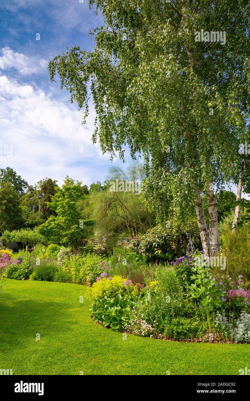 Vue sur jardin en pente avec la liquidation des Frontières herbacées. Banque D'Images