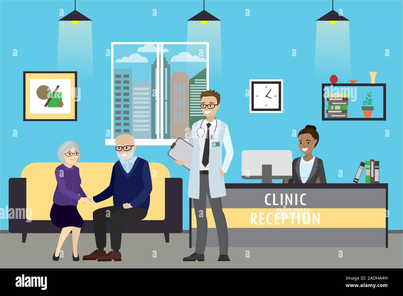 La réception de la clinique,vieux couple, médecin et dame de la réception, cartoon vector illustration Illustration de Vecteur