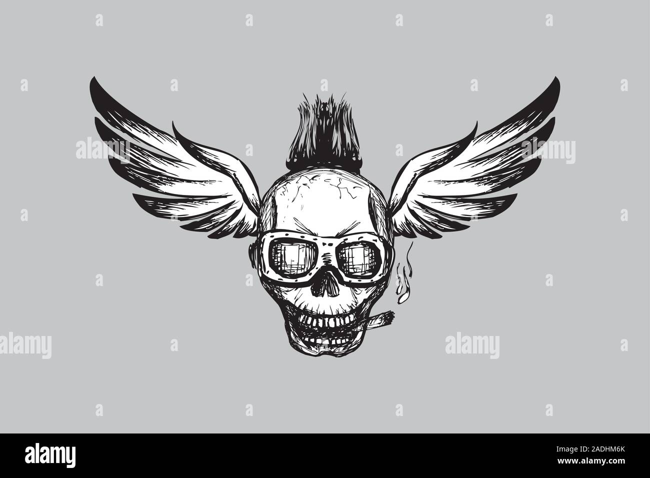 Crâne en lunettes biker avec des ailes,tatouage,logo dessiné à la main ou à l'icône,vector illustration Illustration de Vecteur