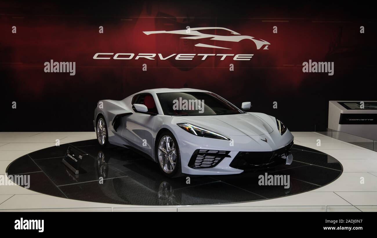 LOS ANGELES, CA/USA - 20 NOVEMBRE 2019 : une voiture Chevrolet Corvette 2020, gris métallique à matrice céramique, au Los Angeles Auto Show. Banque D'Images