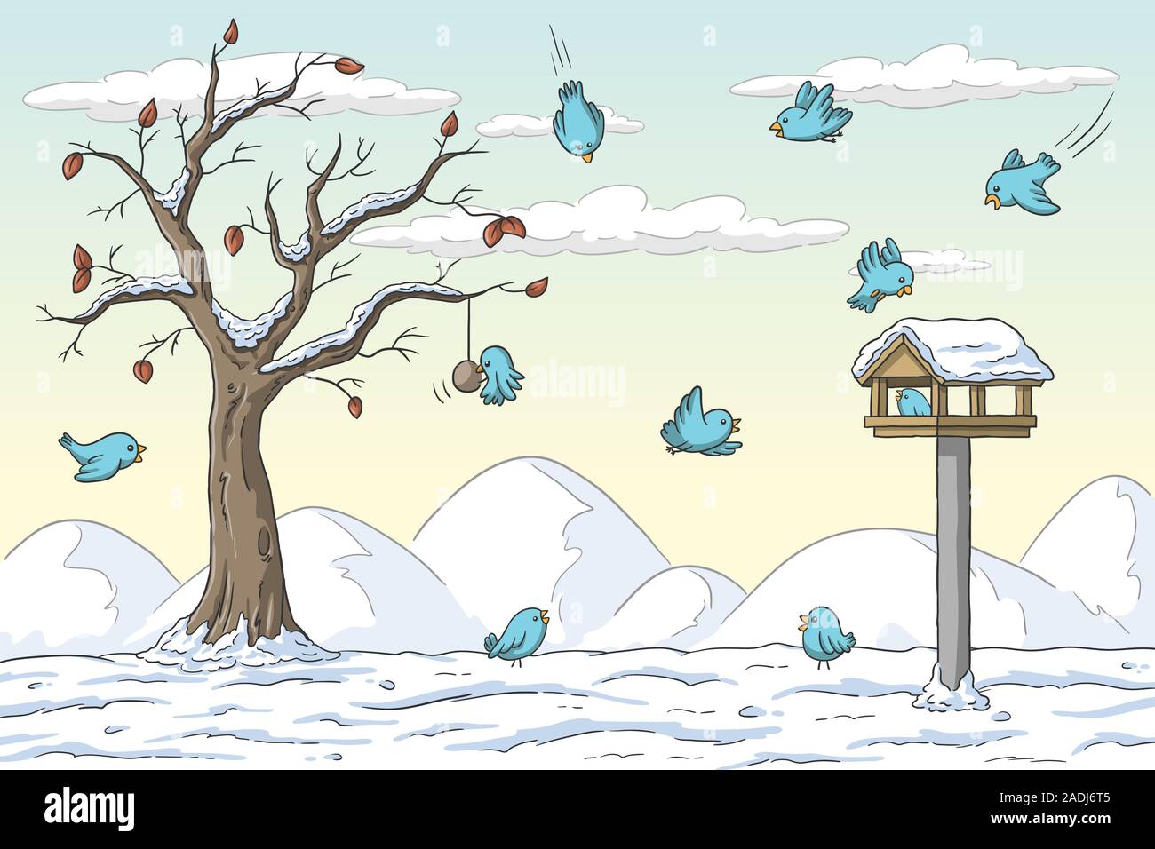Les oiseaux en hiver à une station d'alimentation. Hand drawn vector illustration avec des calques distincts. Illustration de Vecteur