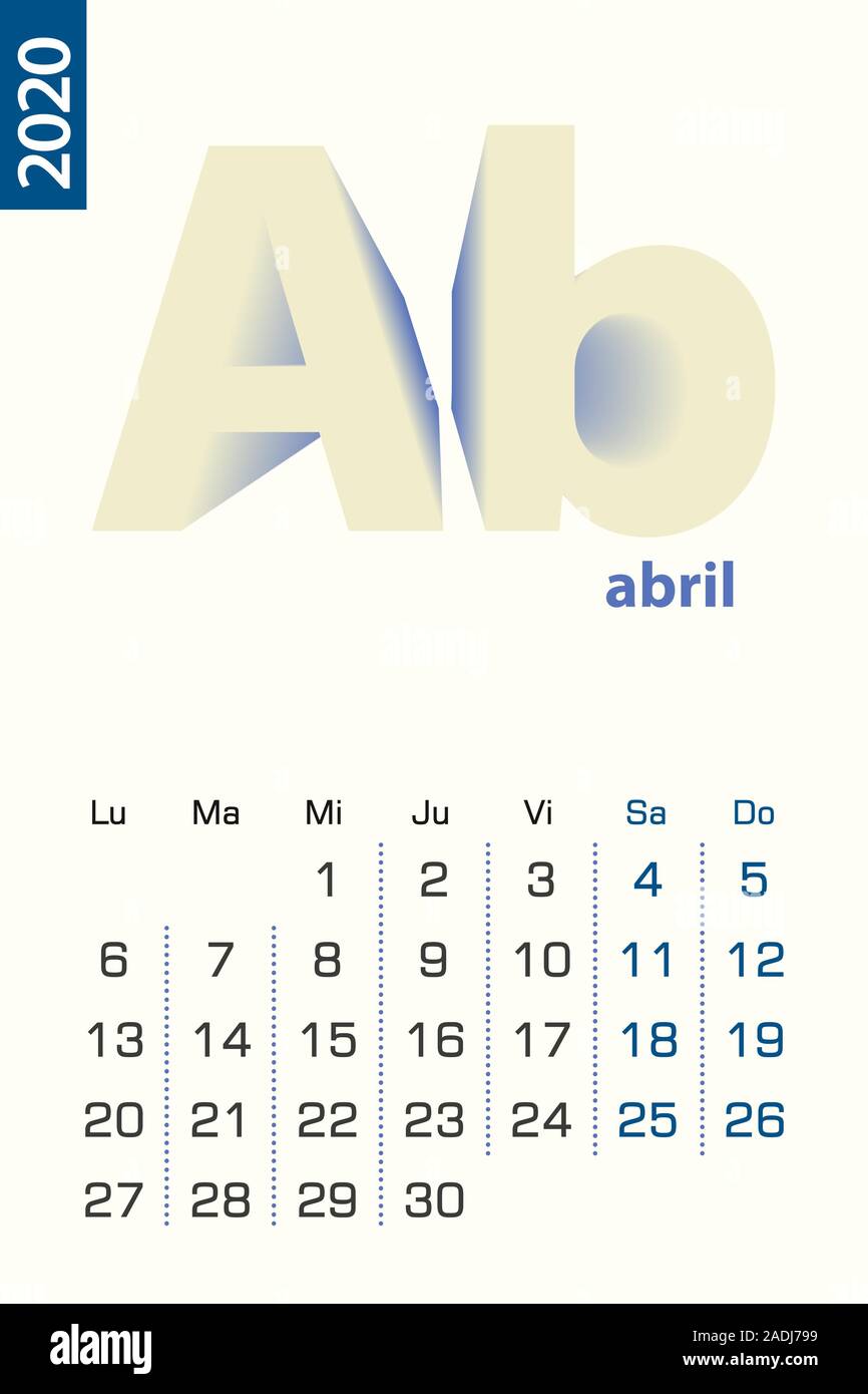 Modèle agenda minimaliste pour avril 2020, Vector calendrier dans la langue espagnole. Calendrier vecteur pour 2020. Illustration de Vecteur