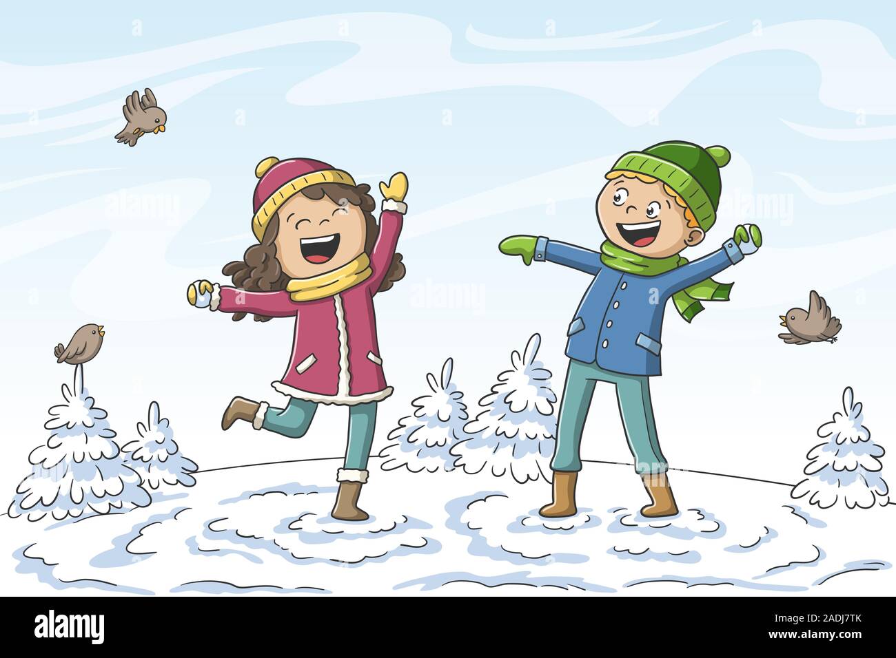 Deux enfants jouant dans la neige. Hand drawn vector illustration avec des calques distincts. Illustration de Vecteur