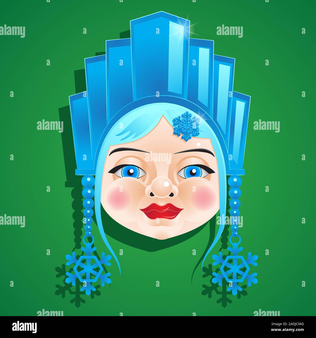 Le caractère de la reine des neiges font face à la couronne de glace flocons isolé sur fond vert. Image vectorielle. Décoration design élément. Illustration de Vecteur