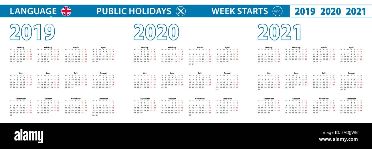 Modèle de calendrier simple en anglais pour 2019, 2020, 2021 ans. De début de la semaine à partir de lundi. Vector illustration. Illustration de Vecteur